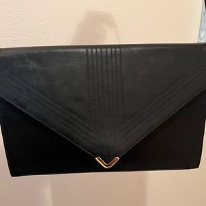 Lou Taylor Vintage Black Genuine Leather Clutch / Purse + long shoulder handle